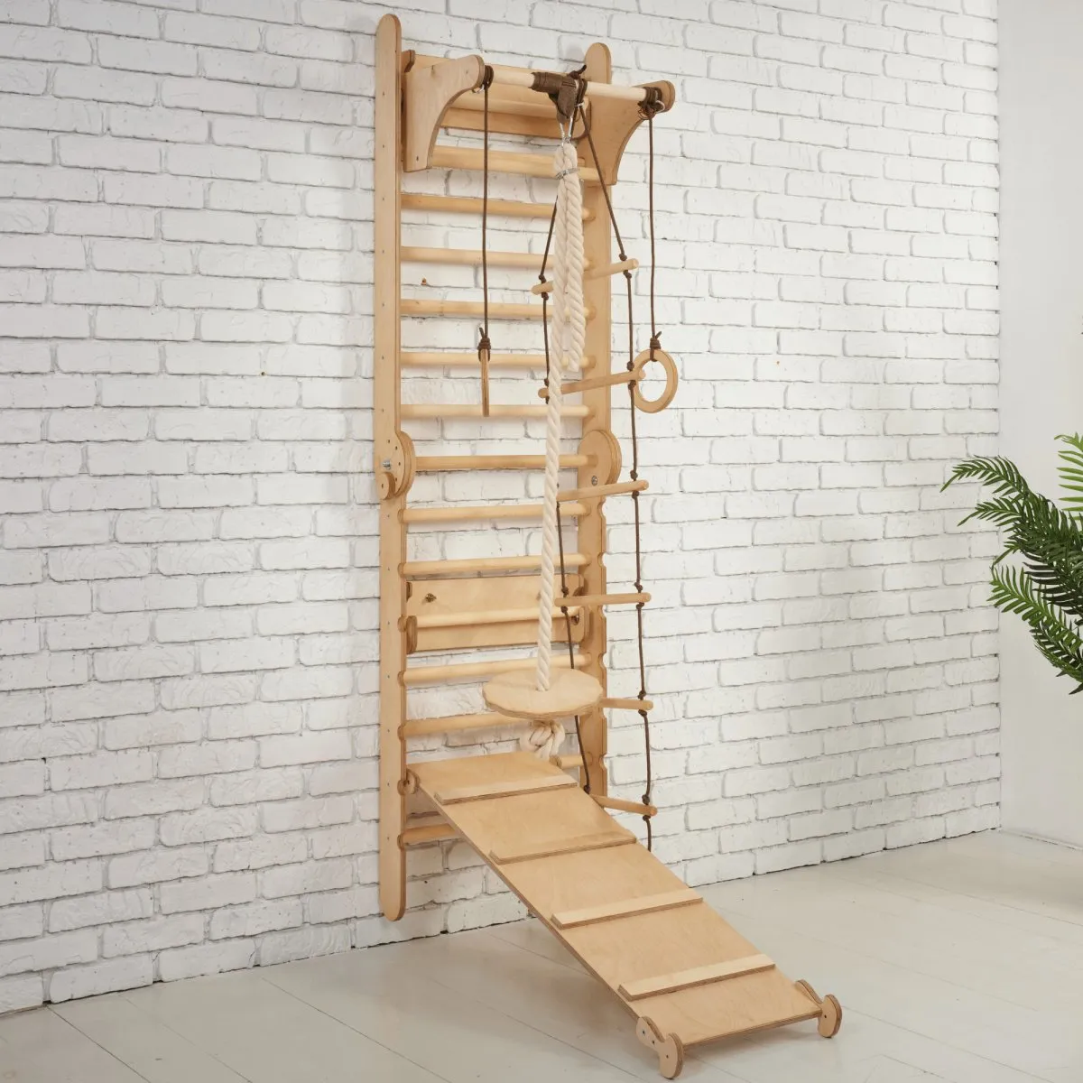 3-in-1: Wooden Swedish Wall Climbing Ladder   Swing Set   Slide Board