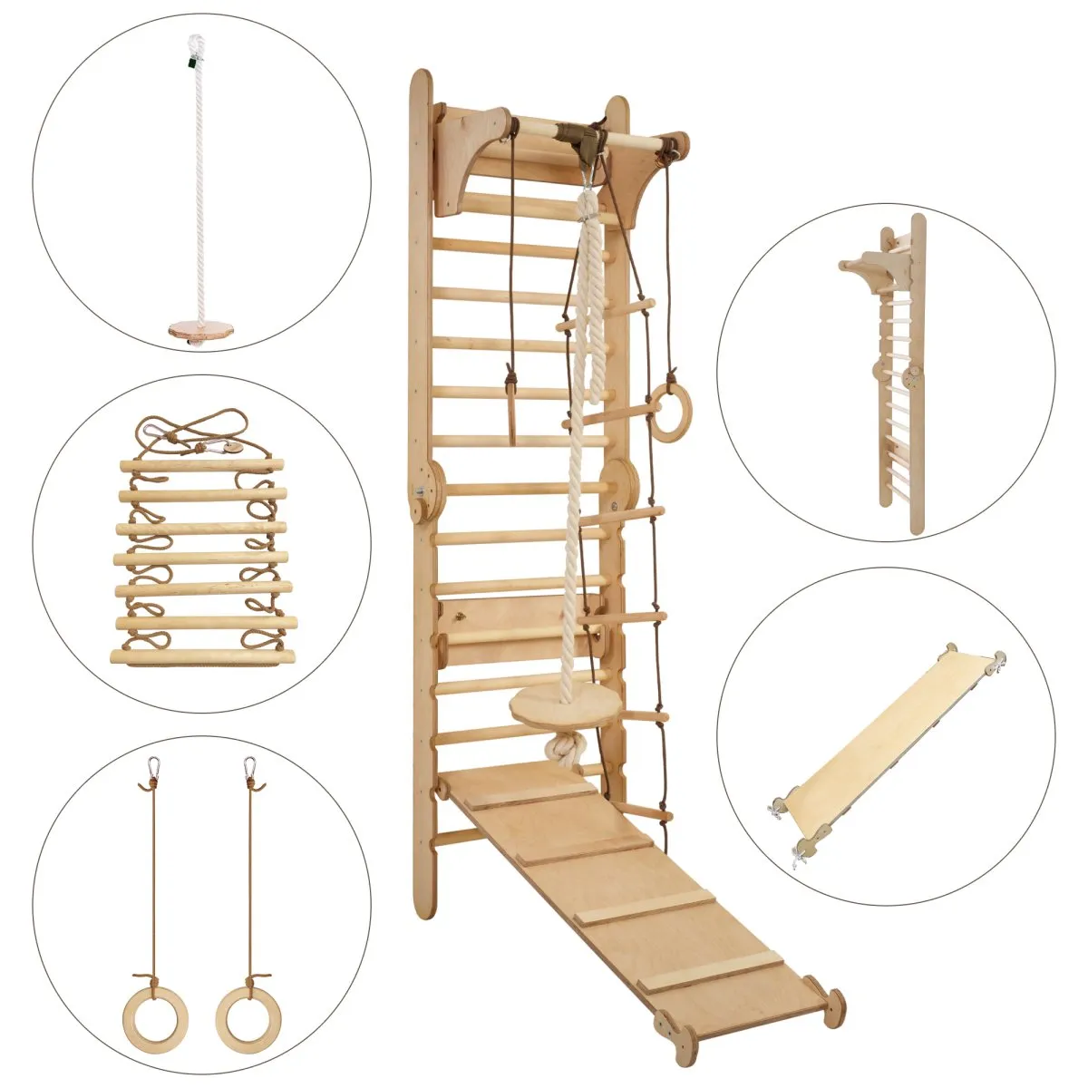 3-in-1: Wooden Swedish Wall Climbing Ladder   Swing Set   Slide Board