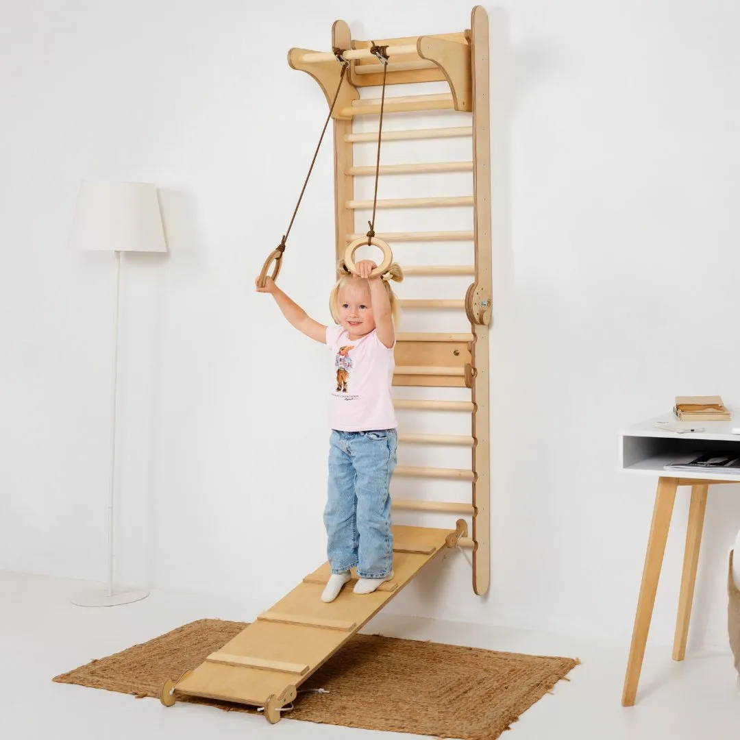 3-in-1: Wooden Swedish Wall Climbing Ladder   Swing Set   Slide Board