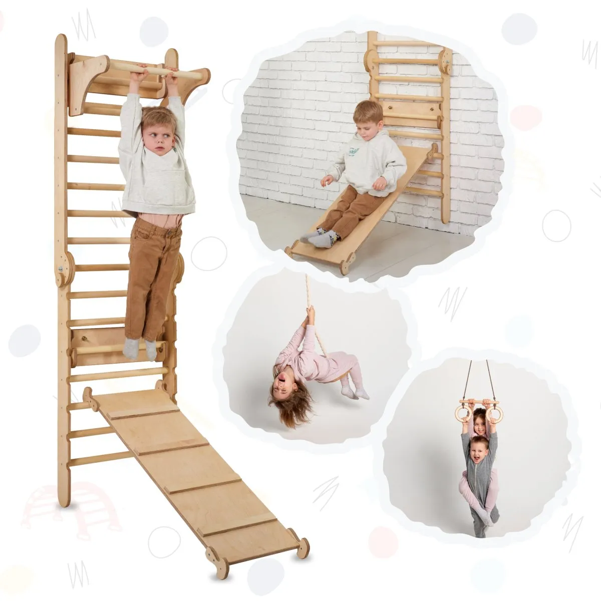 3-in-1: Wooden Swedish Wall Climbing Ladder   Swing Set   Slide Board