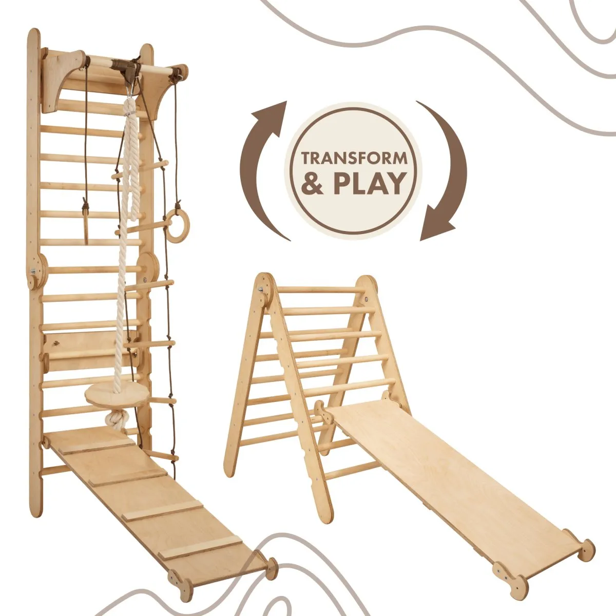 3-in-1: Wooden Swedish Wall Climbing Ladder   Swing Set   Slide Board