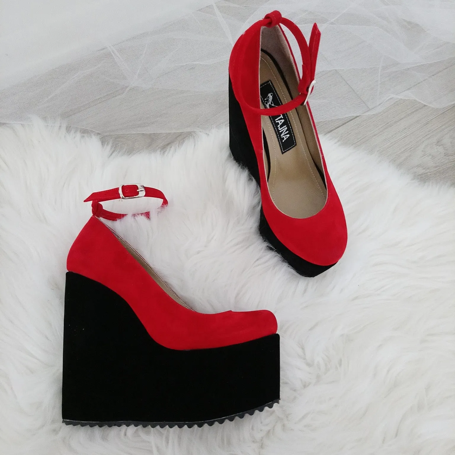 Ankle Strap Red Black Faux Suede High Heel Wedge Shoes