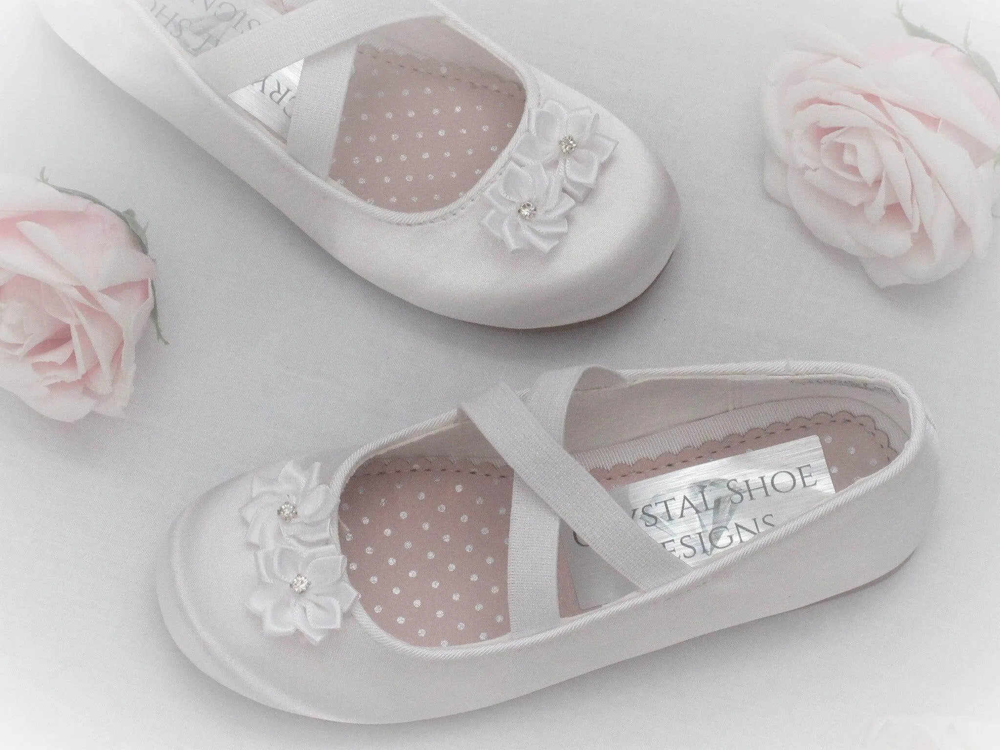 Custom White Satin Flower Girl, Bridesmaid Shoes, Communion Shoes, Girls Prty Occasion Shoes.