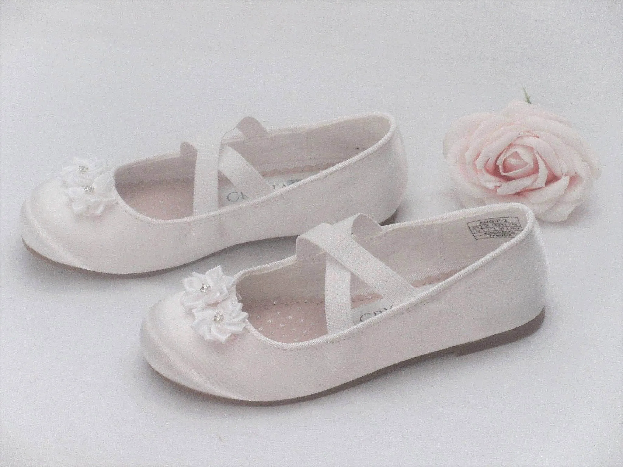 Custom White Satin Flower Girl, Bridesmaid Shoes, Communion Shoes, Girls Prty Occasion Shoes.