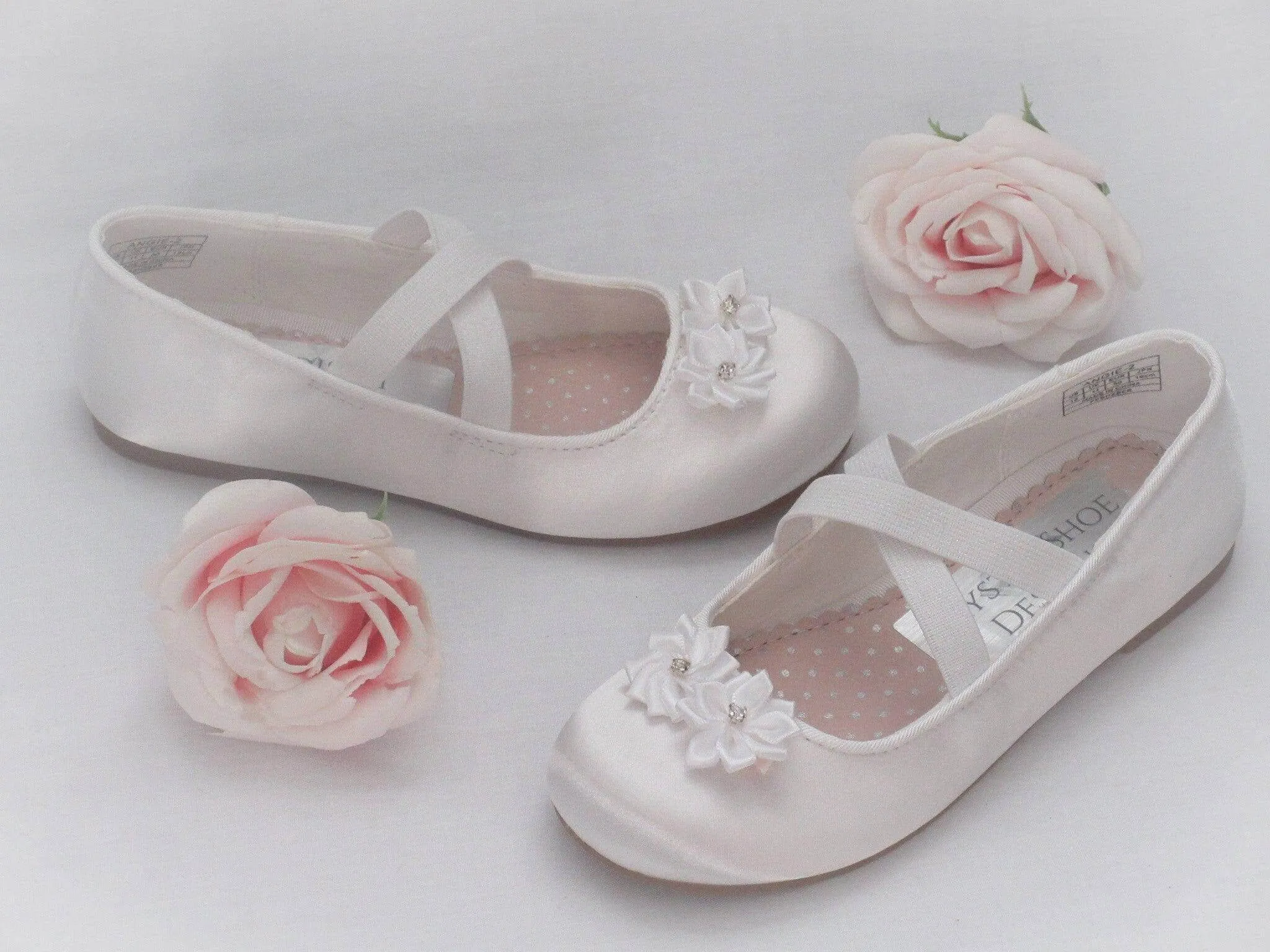 Custom White Satin Flower Girl, Bridesmaid Shoes, Communion Shoes, Girls Prty Occasion Shoes.