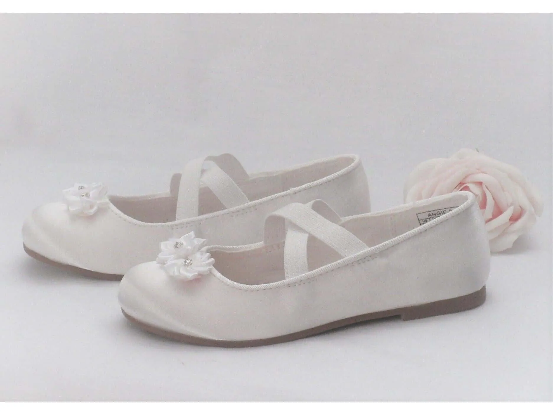 Custom White Satin Flower Girl, Bridesmaid Shoes, Communion Shoes, Girls Prty Occasion Shoes.