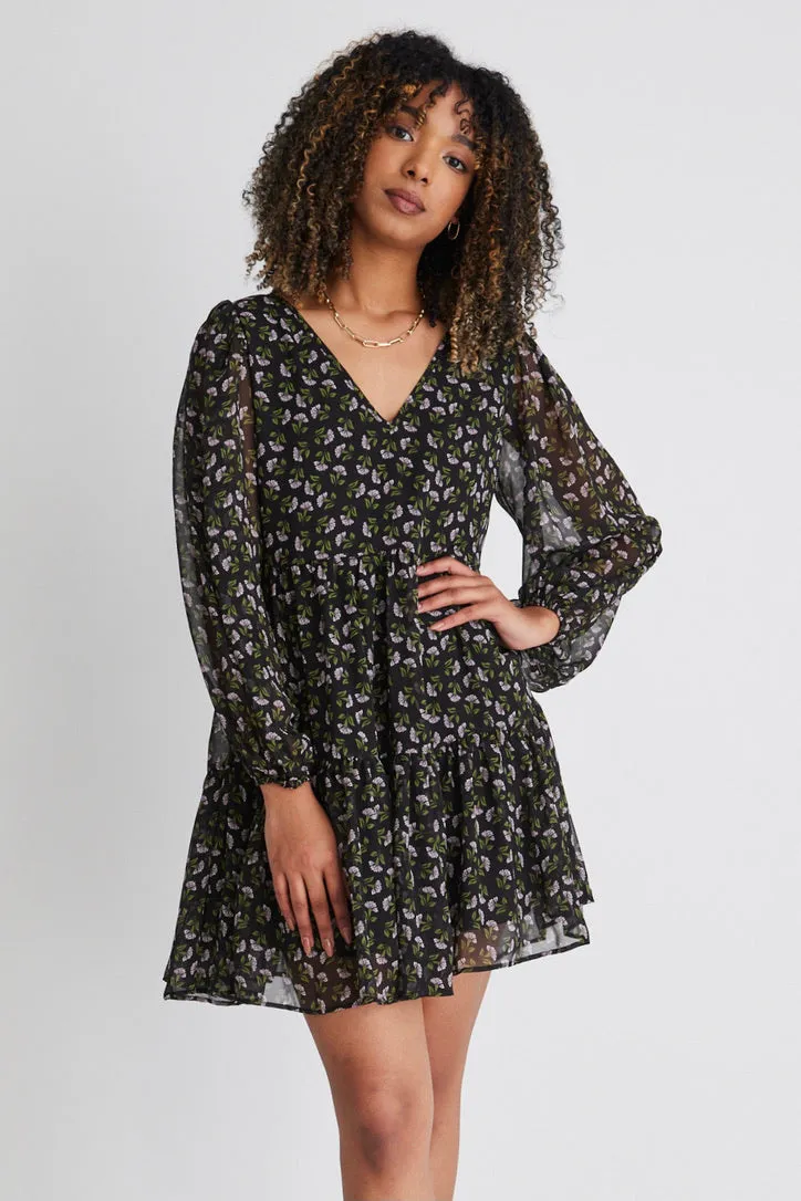 Elsa Black Mini Floral Ls V Neck Smock Mini Dress