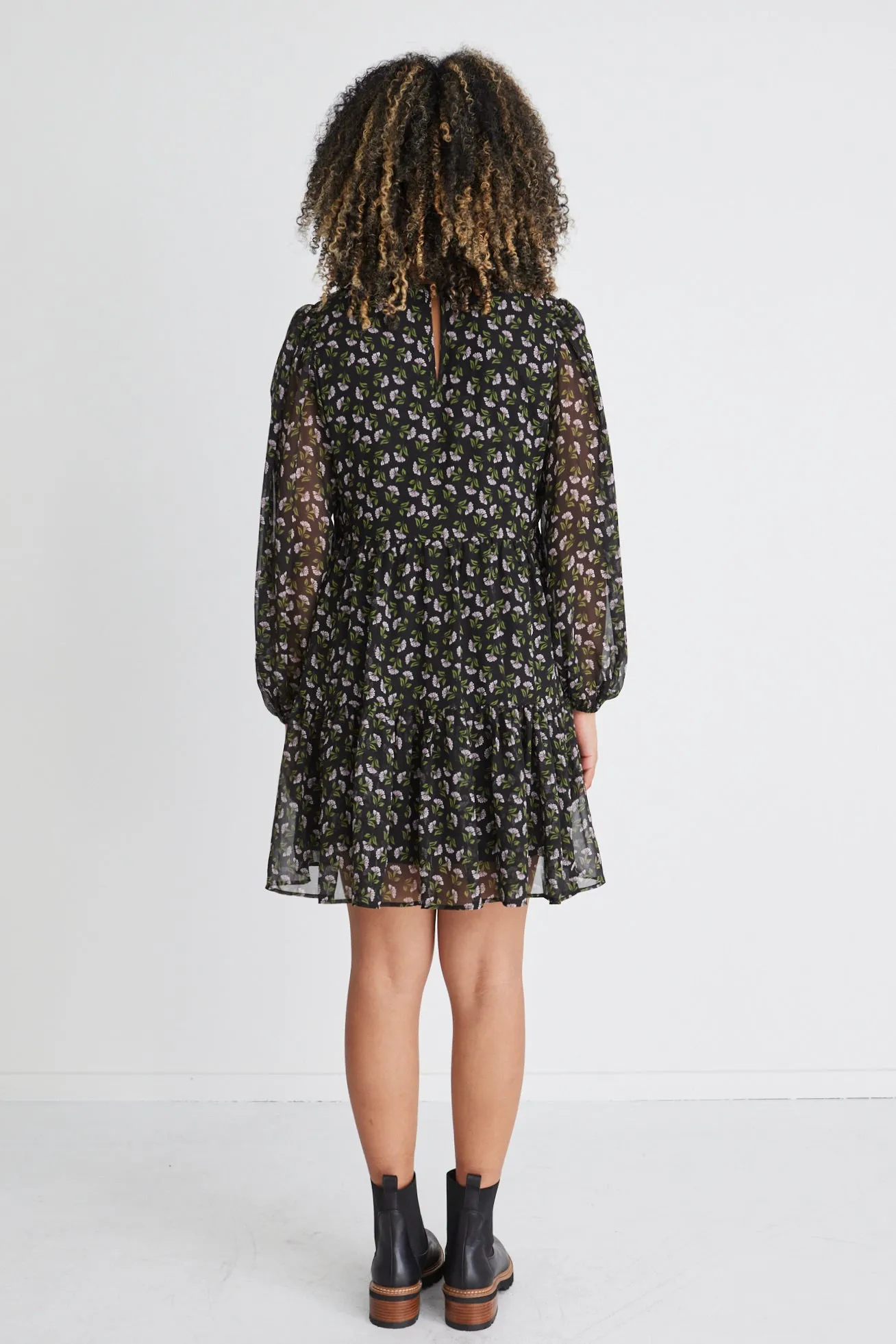 Elsa Black Mini Floral Ls V Neck Smock Mini Dress