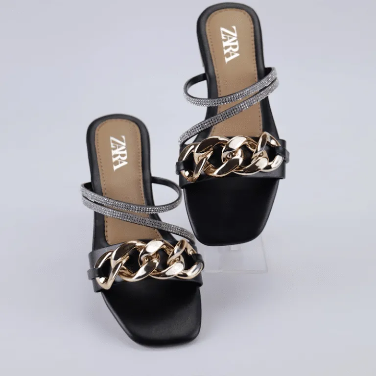 Flat Sandal Chain Style Rhinestone Strap Fancy Slides