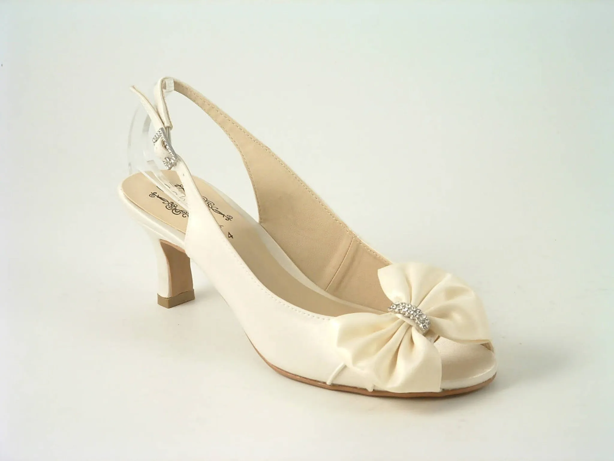 Glitz Shoes Diamante Ivory Satin Low Heel Peep Toe Shoe