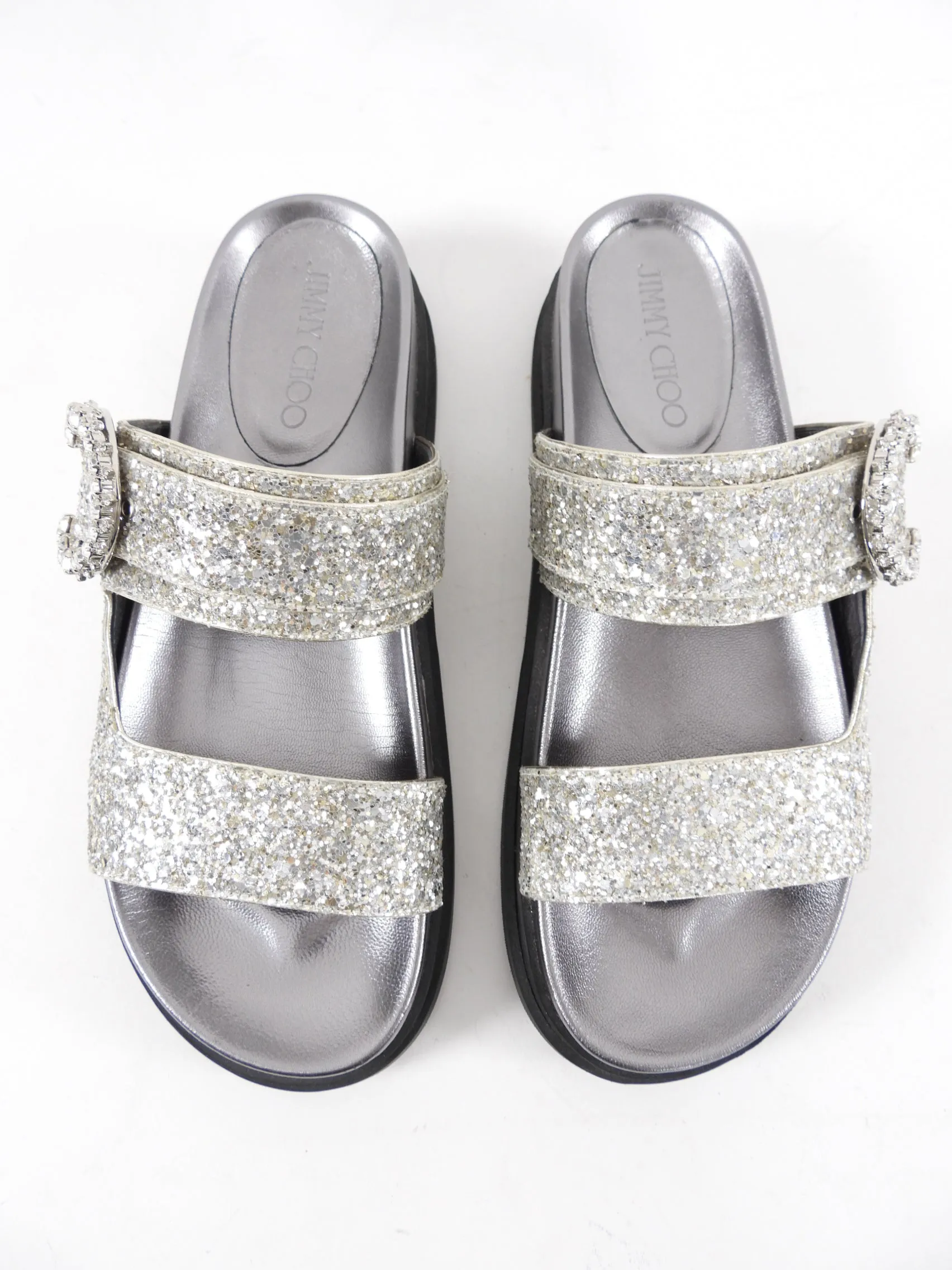 Jimmy Choo Marga Flat Silver Glitter and Crystal Sandals - 38.5