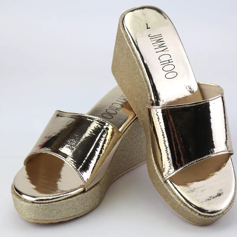 Metallic Strap Glitter Wedge Sandals