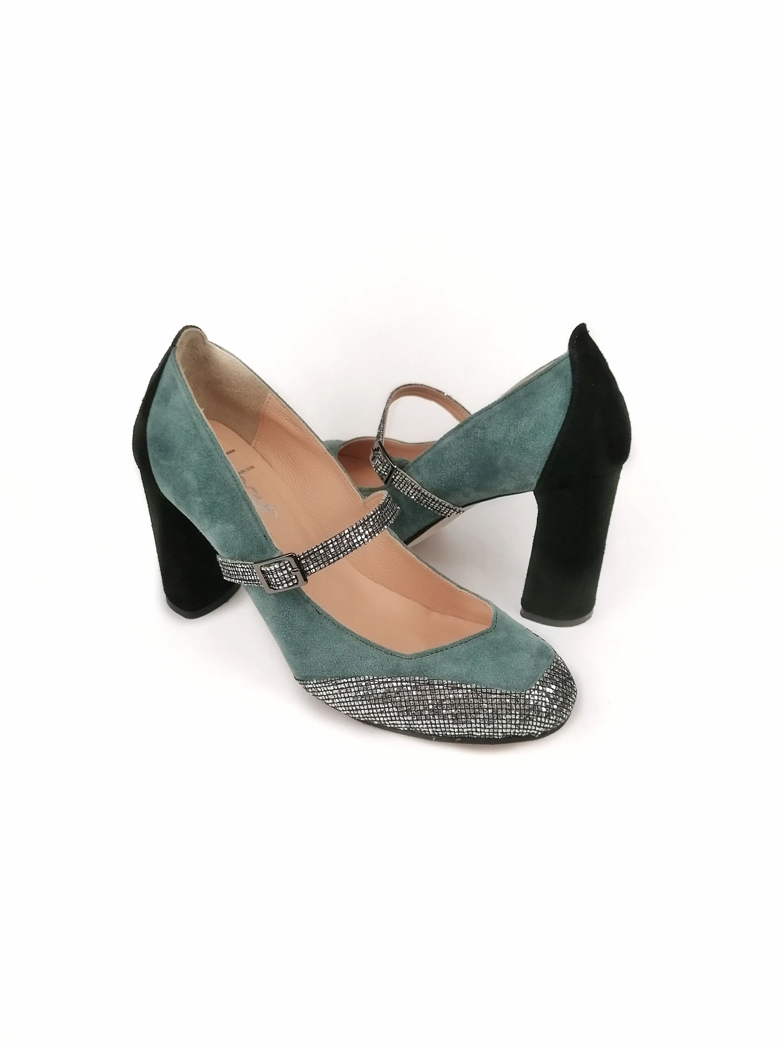 RAPHAELA DENIM BLUE SUEDE & SILVER GLITTER HEELS (8,5cm)